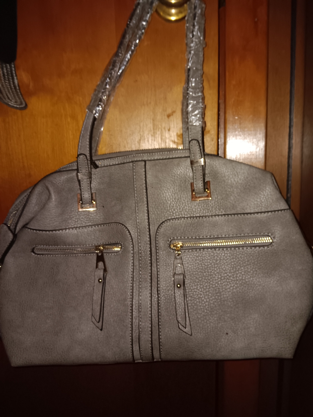 Grey Pebbled Shoulder Tote Bag with Gold Accents